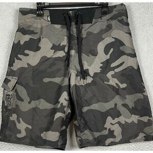 No Fear Swim Trunks Mens Large Grey Camo Mesh Lined Cargo Drawstring Boardshorts